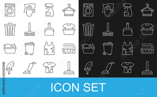 Set line Rubber plunger, Brush for cleaning, Basin with shirt, Cleaning spray bottle, Handle broom, Trash can, Washer and Dustpan icon. Vector