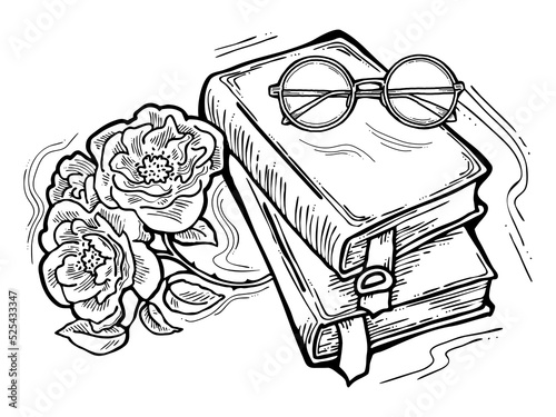 Romantic decorative composition with books, flowers and glasses for poster print, book store logo, teachers day postcard. Back to school vintage style theme. Hand drawn illustration.