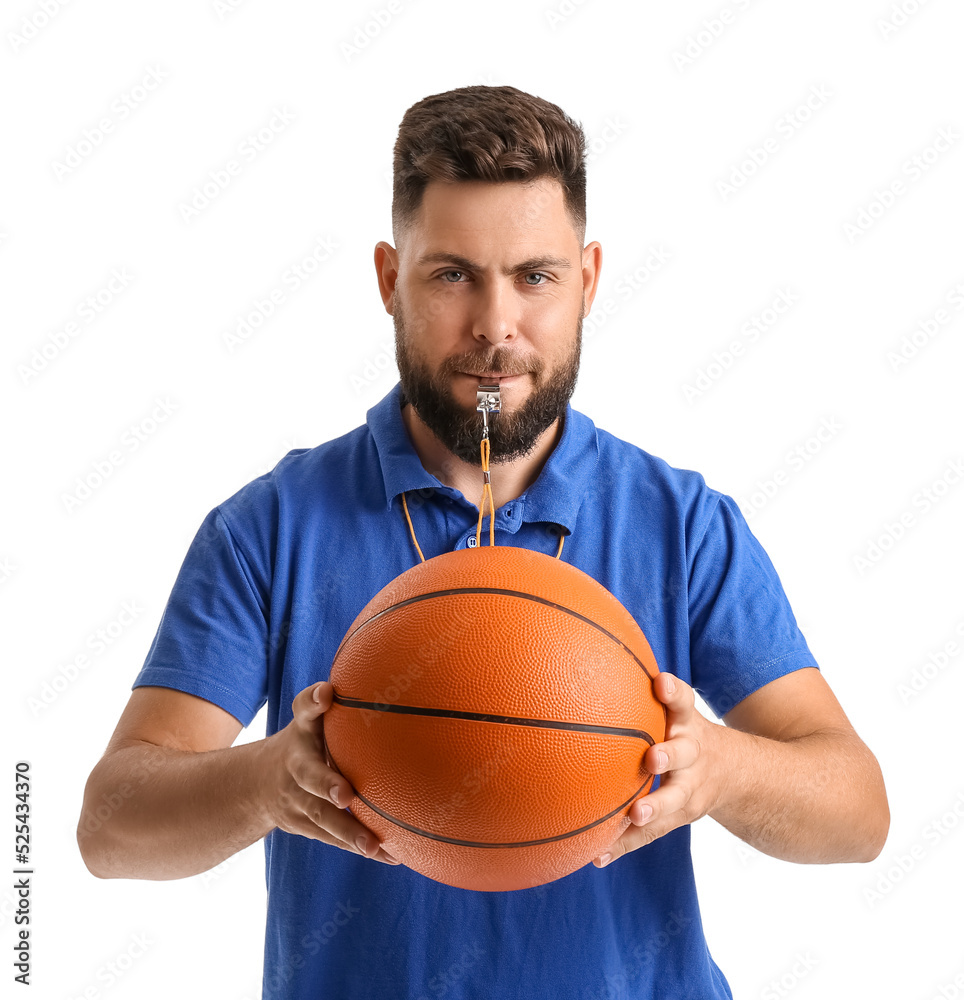 Handsome PE teacher with ball on white background