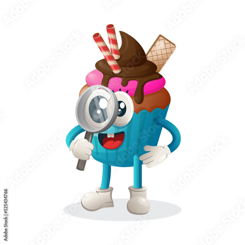 Cute cupcake mascot conducting research, holding a magnifying glass