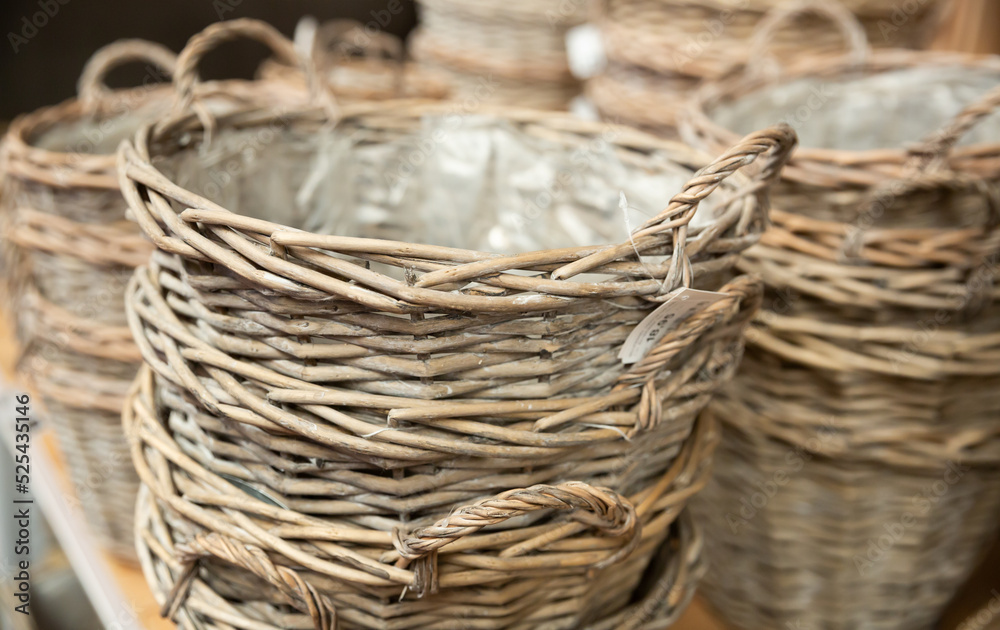 Wicker baskets for sale in market. High quality photo
