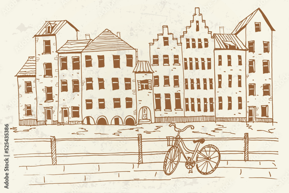Vector sketch of embankment Graslei and medieval buildings. Former center of the medieval harbor. Ghent, Belgium. Vector sketch of embankment Graslei and medieval buildings. Former center of the medieval harbor. Ghent, Belgium.