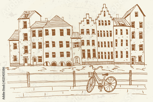 Vector sketch of embankment Graslei and medieval buildings. Former center of the medieval harbor. Ghent, Belgium.