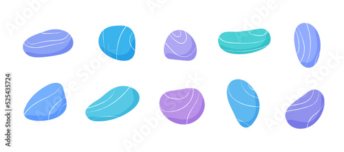 Pebble stones collection. Different beach pebbles shape set. Various forms of smooth rocks. Sea or river pebbles. Vector. 