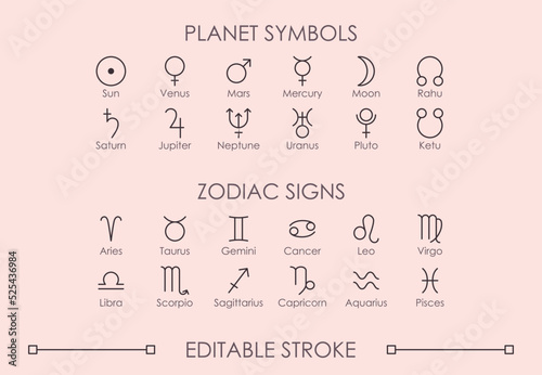 Set of Astrological and Zodiac signs vector thin line isolated icons with editable stroke. Planet symbols: Sun, Venus, Mars, Mercury,  Moon, Jupiter, Saturn, Neptune,  Uranus, Pluto, Rahu, Ketu.