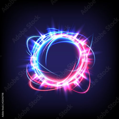 Glowing swirl light effect. Futuristic flame swirl universe trail effect. Magic frame ring. Power energy of circular element. Luminous sci-fi. Shining blue and red neon lights cosmic