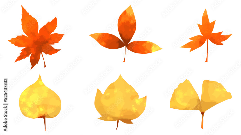 紅葉した葉っぱの水彩風イラストセット　Set of autumn leaves. Watercolor style illustration.