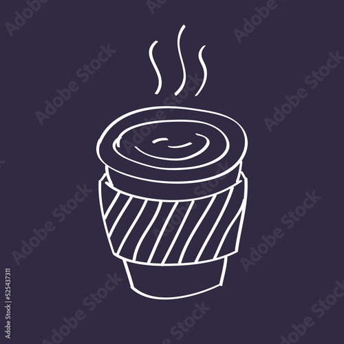 Takeaway espresso or Americano coffee or hot tea drink disposable paper cup on a black board background hand drawn doodle line chalk sketch vector icon