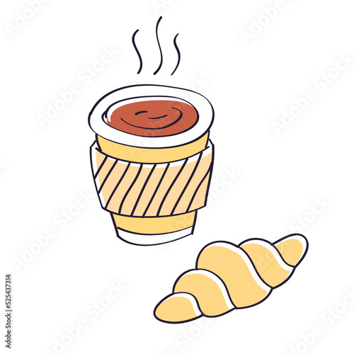 Takeaway espresso or Americano coffee or hot tea drink disposable paper cup and croissant isolated vector illustration