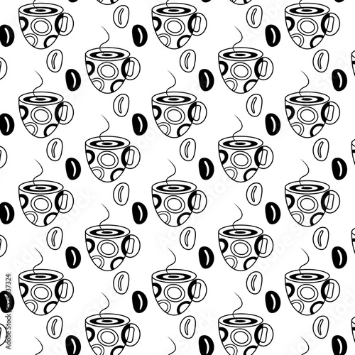 Seamless Pattern with Coffee Beans and Abstract Stylized cup on a transparent background. Line Art