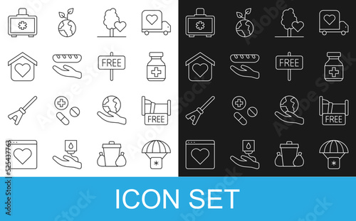 Set line Humanitarian aid, Free overnight stay house, Medicine bottle and pills, Volunteer team planting trees, Donation food, Shelter for homeless, First kit and sign icon. Vector
