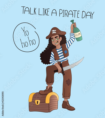 Pirate with rum and treasure chest on light blue background. Talk Like a Pirate Day