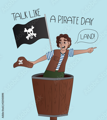 Lookout in crow's nest of pirate ship on light blue background. Talk Like a Pirate Day