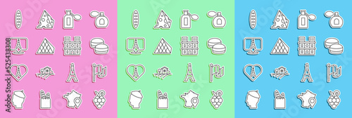 Set line Grape fruit, Flag France, Macaron cookie, Perfume, Louvre glass pyramid, Eiffel tower, French baguette bread and Notre Dame de Paris icon. Vector