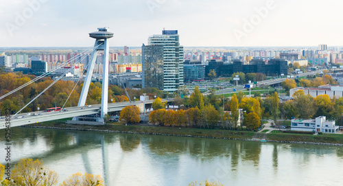 Aerial view of Bratislava with famous Bridge SNP in autumn cloudy day