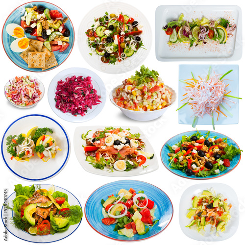 Collage of different salads isolated on white background