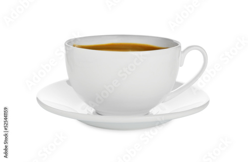 Cup of hot coffee and saucer isolated on white