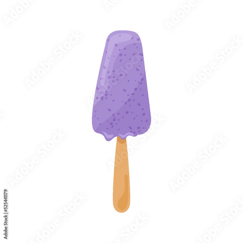 Purple blueberry berry ice cream on a stick flat. Sweet frozen dessert with berry pieces natural cooling snack. Doodle sloppy style sticker label dairy summer kids holiday for business craft isolated