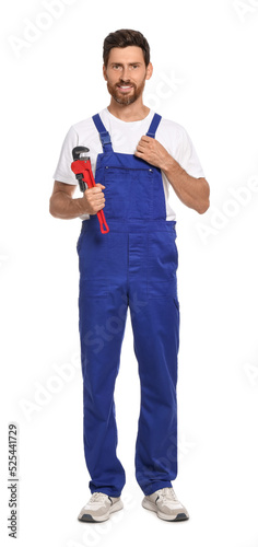 Professional plumber with pipe wrench on white background