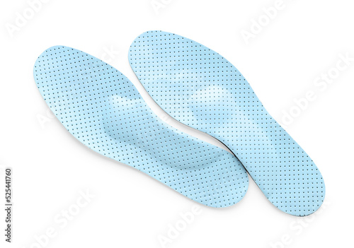 LIght blue orthopedic insoles isolated on white, top view