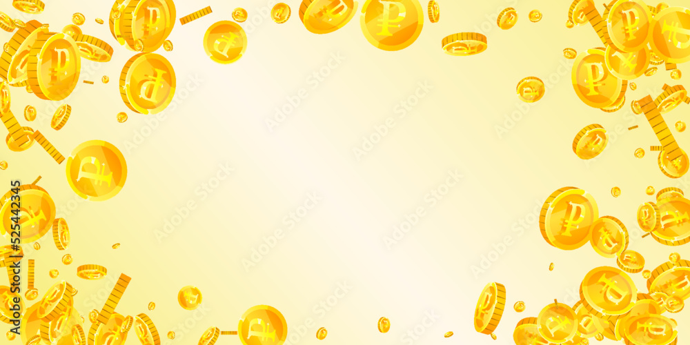 Russian ruble coins falling. Scattered gold RUB
