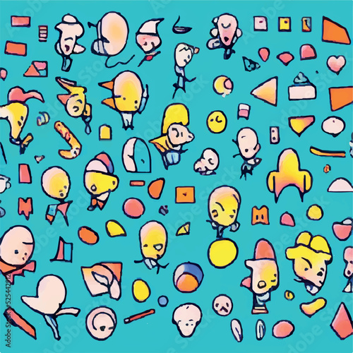 Abstract shapes, funny comic cute characters and doodles. Trendy modern illustration for poster, postcard or background