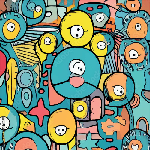 Abstract shapes, funny comic cute characters and doodles. Trendy modern illustration for poster, postcard or background