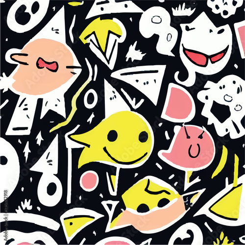 Abstract shapes, funny comic cute characters and doodles. Trendy modern illustration for poster, postcard or background