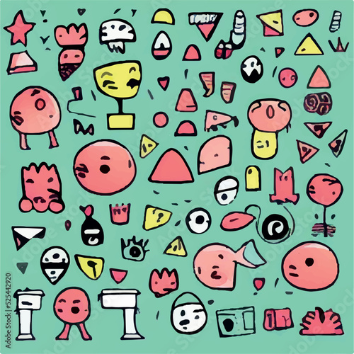 Abstract shapes, funny comic cute characters and doodles. Trendy modern illustration for poster, postcard or background