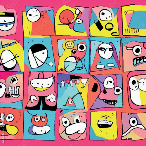 Abstract shapes, funny comic cute characters and doodles. Trendy modern illustration for poster, postcard or background