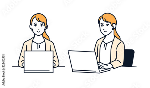 ノートパソコンで仕事をする若いビジネスウーマンのシンプルなベクターイラスト素材
