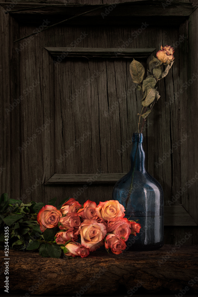 Still life with a bouquet of fresh roses and a dry withered rose in a ...