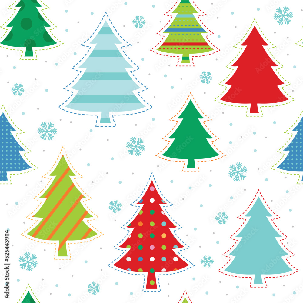 Whimsically illustrated Christmas trees in bright, cheerful colors. Seamless vector patterns are great for backgrounds and surface designs 