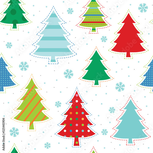 Whimsically illustrated Christmas trees in bright, cheerful colors. Seamless vector patterns are great for backgrounds and surface designs 