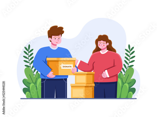 Volunteers Giving Donation To Other People, Vector Cartoon Illustration.
Volunteers Carrying Donation Box.
International day of charity, 5 September.
Happy volunteers sharing donation.