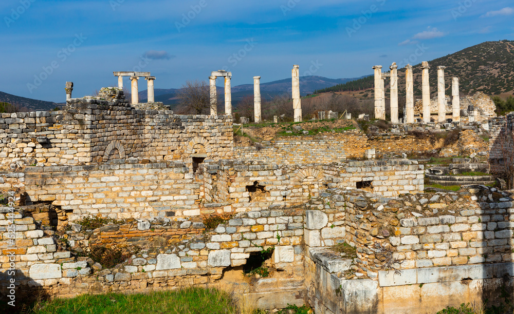 Remained architectural constructions on ruins of Aphrodisias in historic Caria cultural region, Turkey