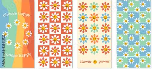 Set of templates for design in retro style 1970. Small daisies and smileys.Vector drawing. For clothing, packaging, design and textiles, postcards and flyers.