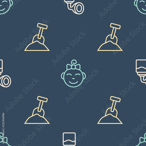 Set line Breast pump, Sandbox with sand and shovel and Little girl head on seamless pattern. Vector