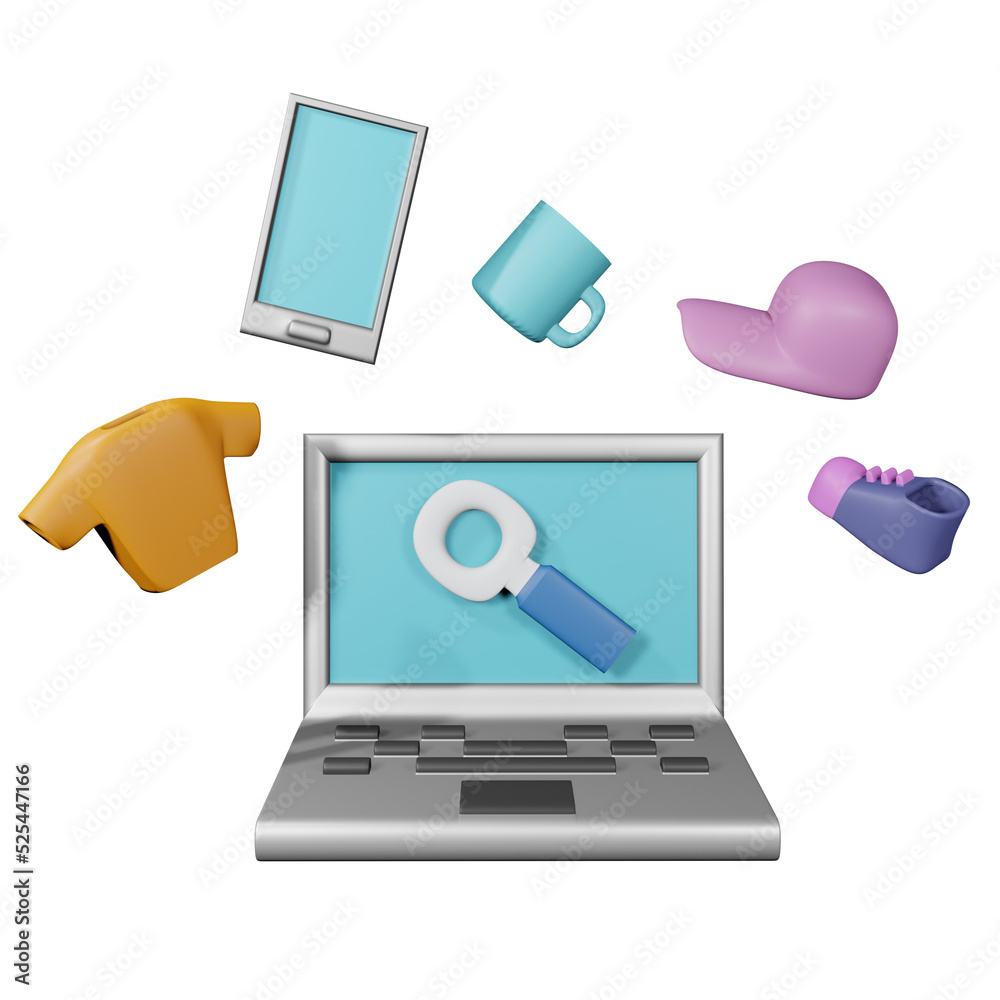 3d laptop with marketplace item illustration 3d laptop with marketplace item illustration
