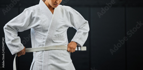 Fotografie .Beginner, karate and student getting ready for the first day of self defense tr