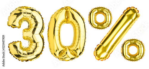 30 Thirty Percent % Off balloons. Sale, Clearance, discount. Yellow Gold foil helium balloon. Word good for store, shop, shopping mall. English Alphabet Letters. Isolated white background.