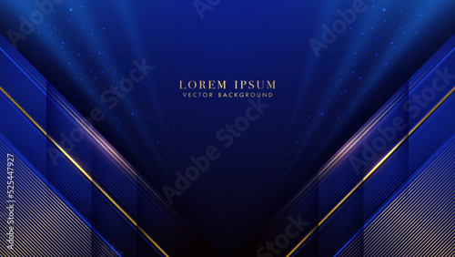 Diagonal golden and blue lines with shiny dots effect decoration on dark blue luxury background. Elegant style design template concept