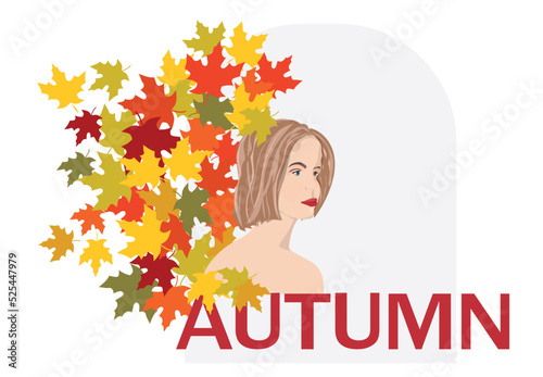 Autumn. A beautiful young girl looks at the falling autumn leaves. Vector illustration. ART design. Poster. Painting on the wall. Invitation. Web design. Popular ART.Print on canvas. Colorful wall pai photo