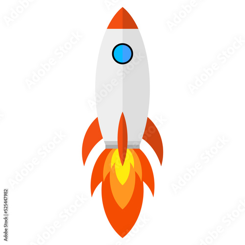 Rocket ship colorful icon with flames isolated on white background, take off concept. Vector illustration
