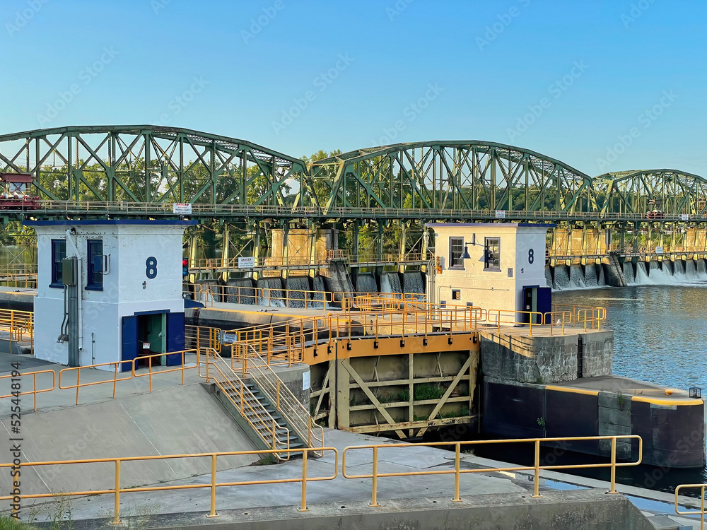 Schenectady, NY - USA - Aug 6, 2022 Landscape view of Lock E8 of the modern New York State Canal System, the successor to the historic Erie Canal and other canals within New York.