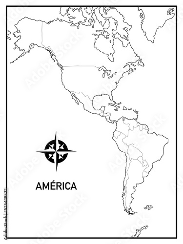 School map of the American continent or America, material for school, without names and with political division