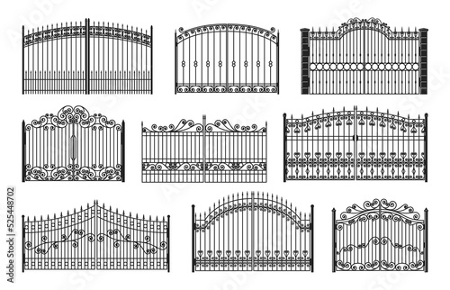 Iron gates, wrought gothic metal decorated steel fences, vector mansion entrance. Antique vintage architecture black facade grates in victorian classic style. Forged decorative objects with ornaments