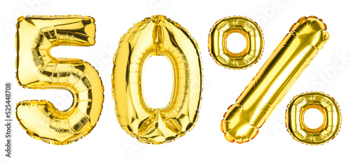 50 Fifty Percent % balloons. Sale, Clearance, discount. Yellow Gold foil helium balloon. Word good for store, shop, shopping mall. English Alphabet Letters. Isolated white background.