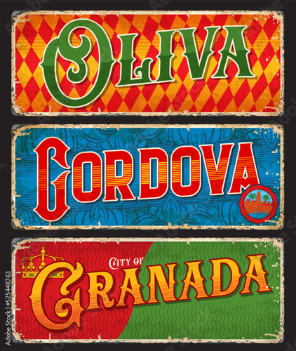 Oliva, Cordova, Granada spanish city plates and travel stickers. Vector postcards of Spain kingdom , landmarks. Vintage scratchy banners with traditional ornament. Touristic grunge boards, plaques