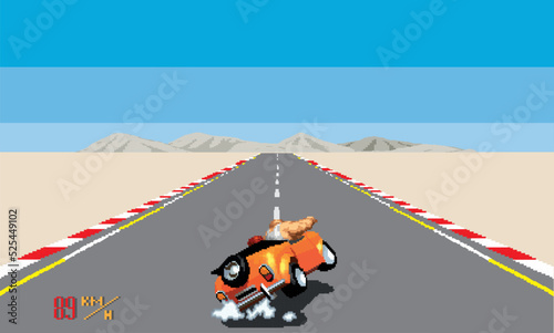 Arcade pixelated race car vector illustration. desert race track. retro machine game
